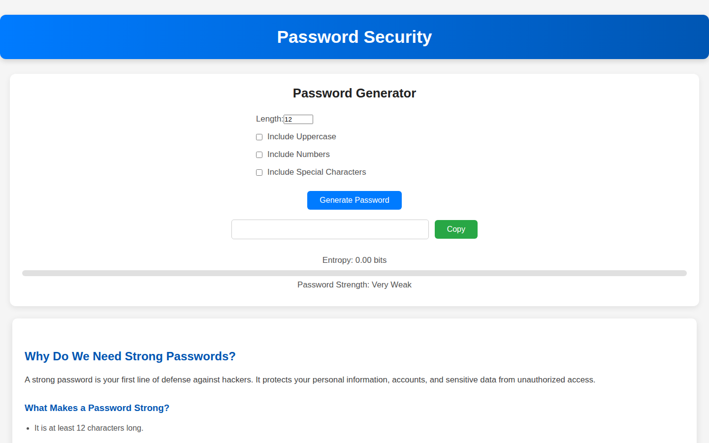 Screenshot of Password Security Angular app showing password strength checker and breach detection