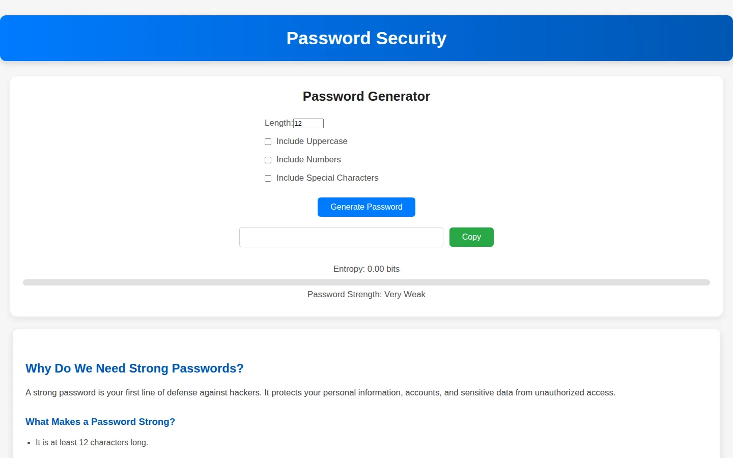 Screenshot of Password Security Angular app showing password strength checker and breach detection