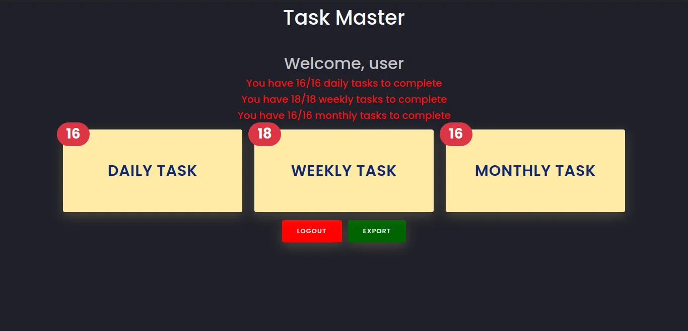 Screenshot of Task Master task management application